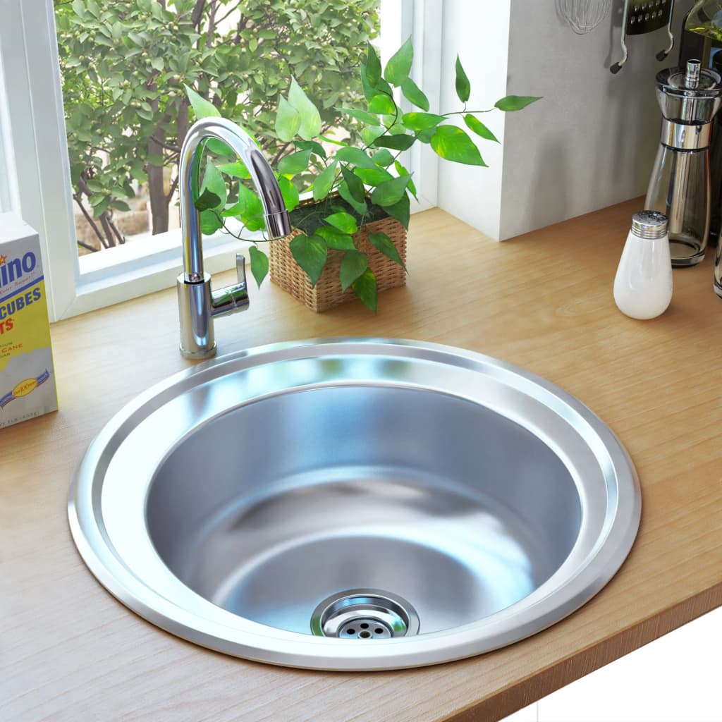 vidaXL Kitchen Sink Undermount Sink with Strainer Stainless Steel Sink Round-6