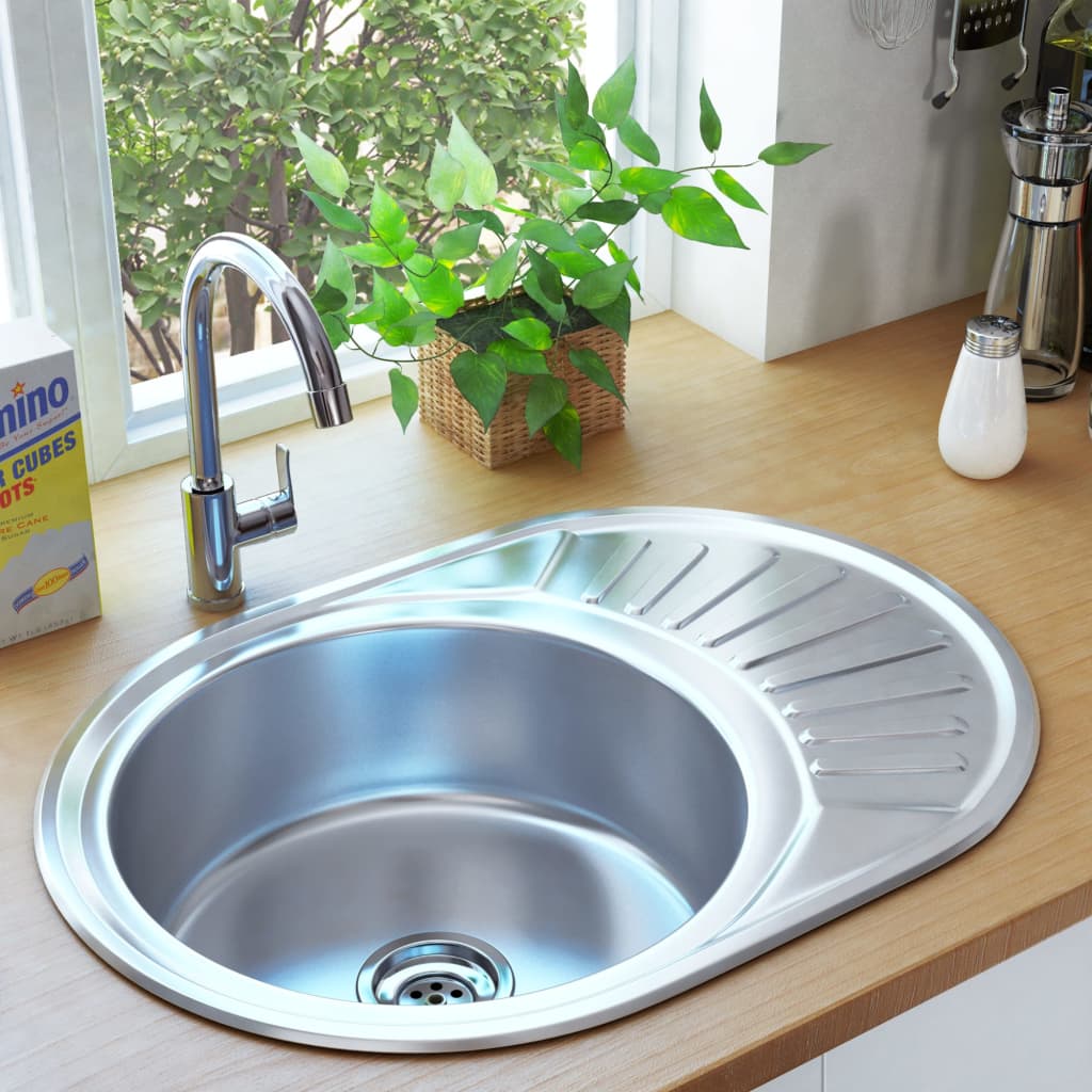 vidaXL Kitchen Sink Undermount Sink with Strainer Stainless Steel Sink Round-7