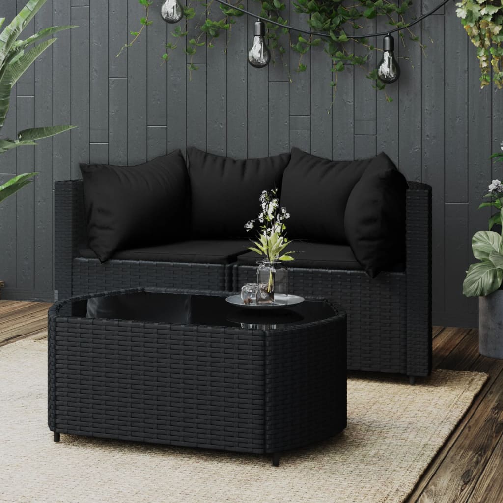 vidaXL 3 Piece Patio Lounge Set with Cushions Black Poly Rattan-0