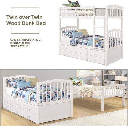 Harper&Bright Designs Twin over Twin Bunk Bed with Twin Trundle, 3 Storage Drawers, Safety Rail, and Removable Ladder, Can Be Separated into 3 Bed, White-4