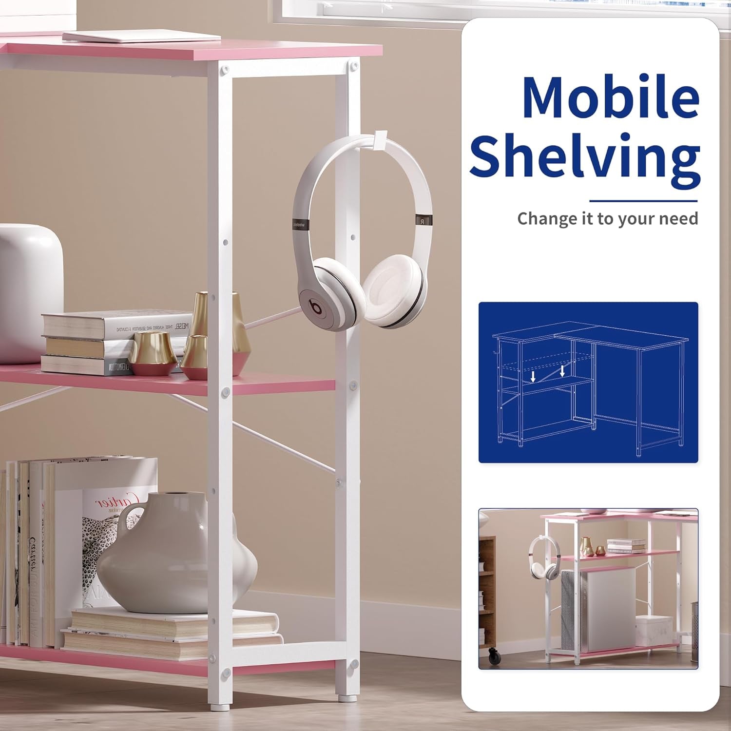 43 Inch L Shaped Computer Desk with Reversible Side Storage Shelves, Small Corner Desk for Small Space Home Office,Writing Study Table PC Desk for Bedroom,Pink with White Leg-3