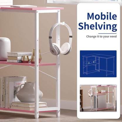 43 Inch L Shaped Computer Desk with Reversible Side Storage Shelves, Small Corner Desk for Small Space Home Office,Writing Study Table PC Desk for Bedroom,Pink with White Leg-3