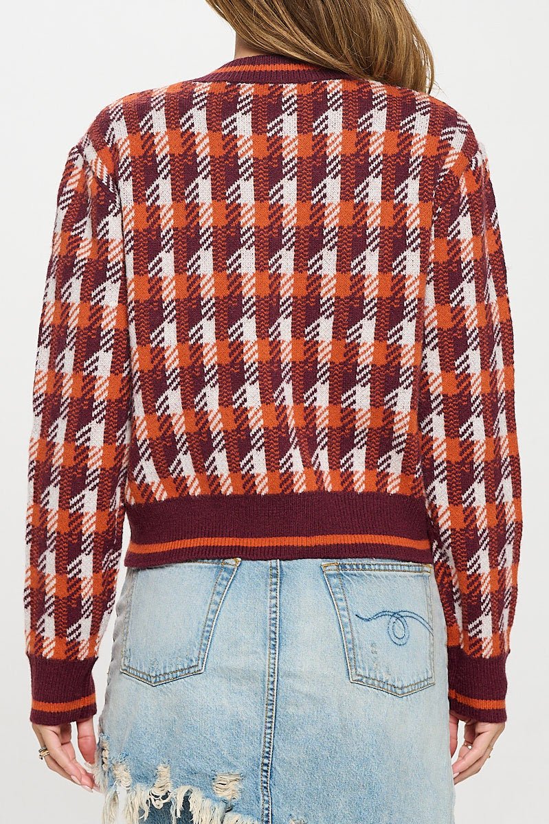 Abstract Plaid Tweed Print Long Sleeve Cardigan with Button Detail - Shellcreations