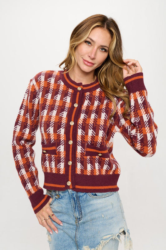 Abstract Plaid Tweed Print Long Sleeve Cardigan with Button Detail - Shellcreations
