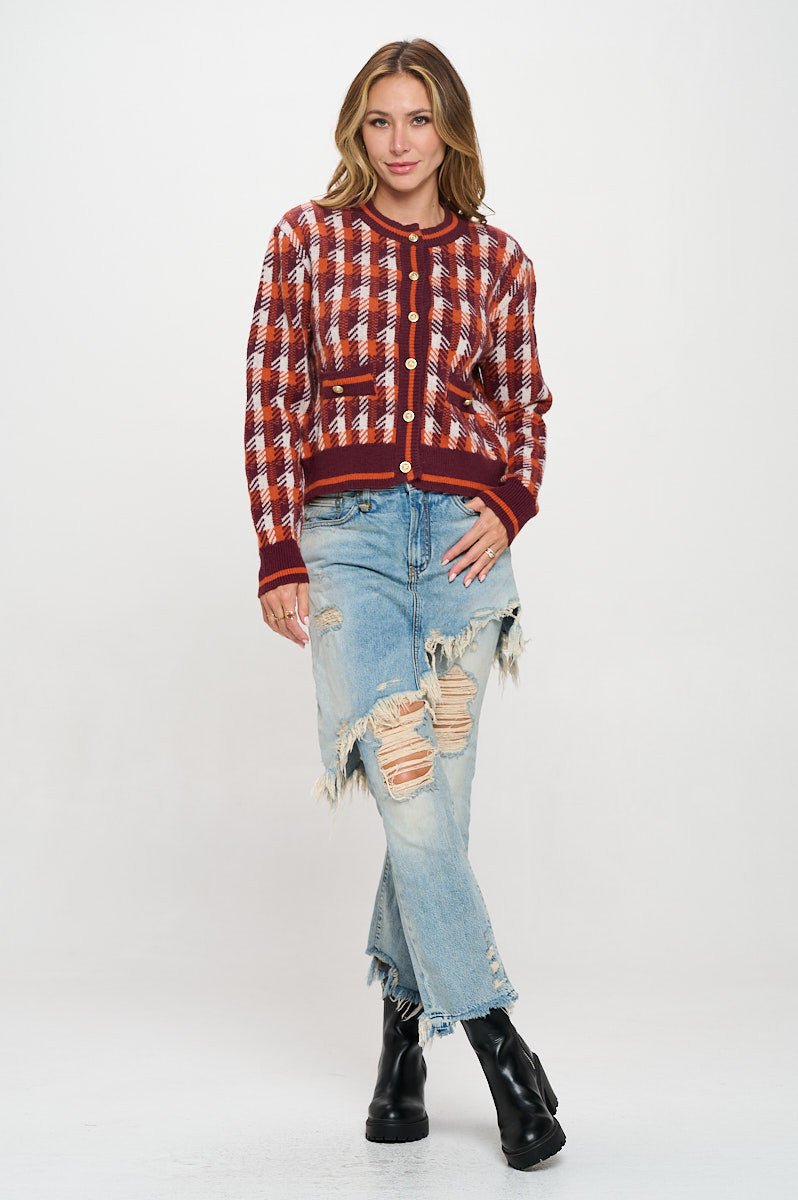 Abstract Plaid Tweed Print Long Sleeve Cardigan with Button Detail - Shellcreations