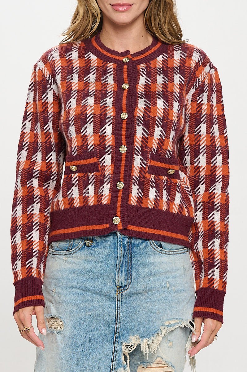 Abstract Plaid Tweed Print Long Sleeve Cardigan with Button Detail - Shellcreations