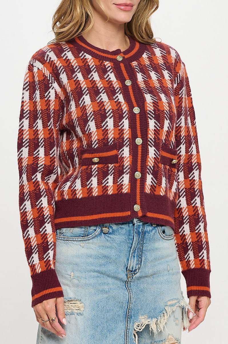 Abstract Plaid Tweed Print Long Sleeve Cardigan with Button Detail - Shellcreations