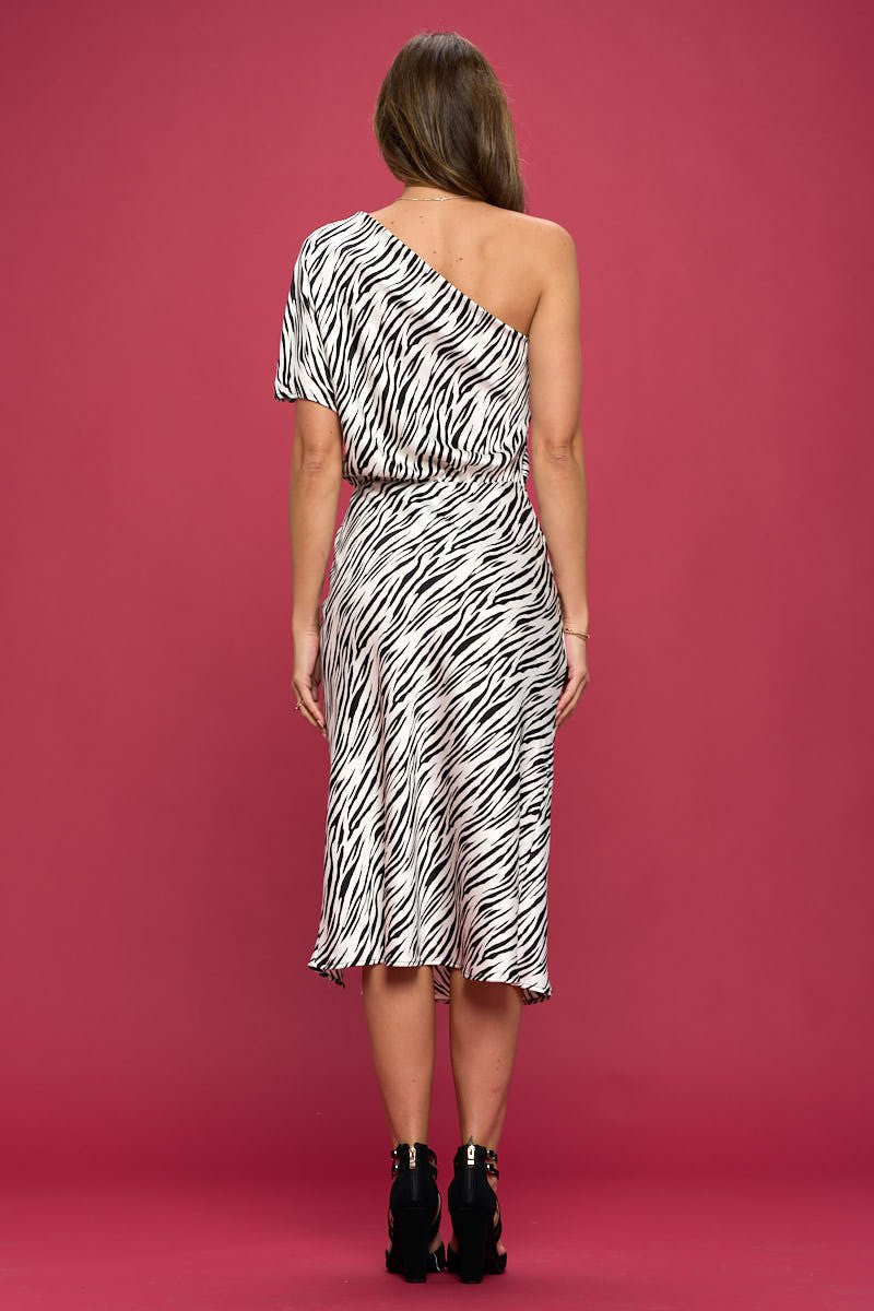 ANIMAL PRINT STRECTH SATIN ONE SHOULDER DRESS - Shellcreations