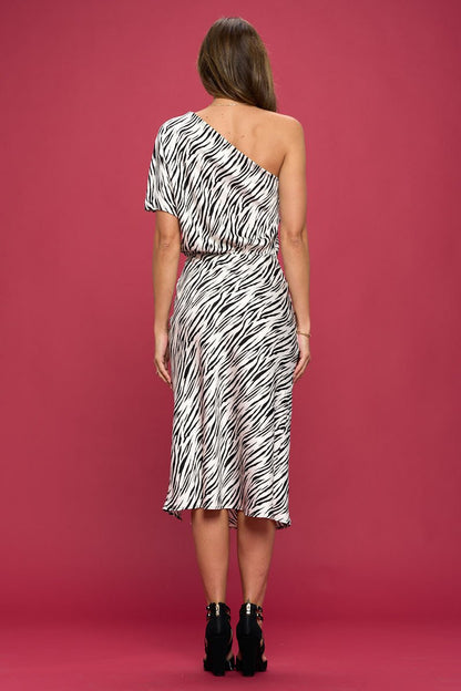 ANIMAL PRINT STRECTH SATIN ONE SHOULDER DRESS - Shellcreations