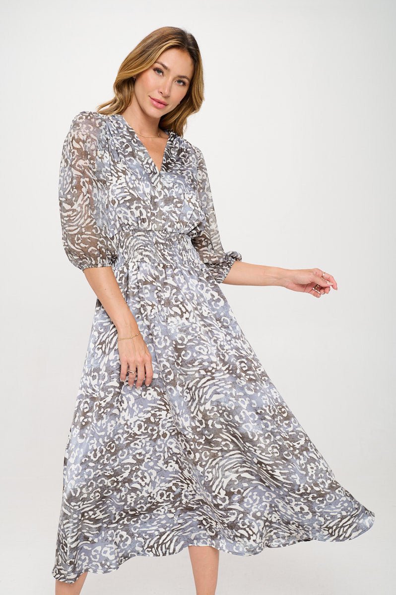 Animal Print V neck Dress with Sheer Sleeve - Shellcreations