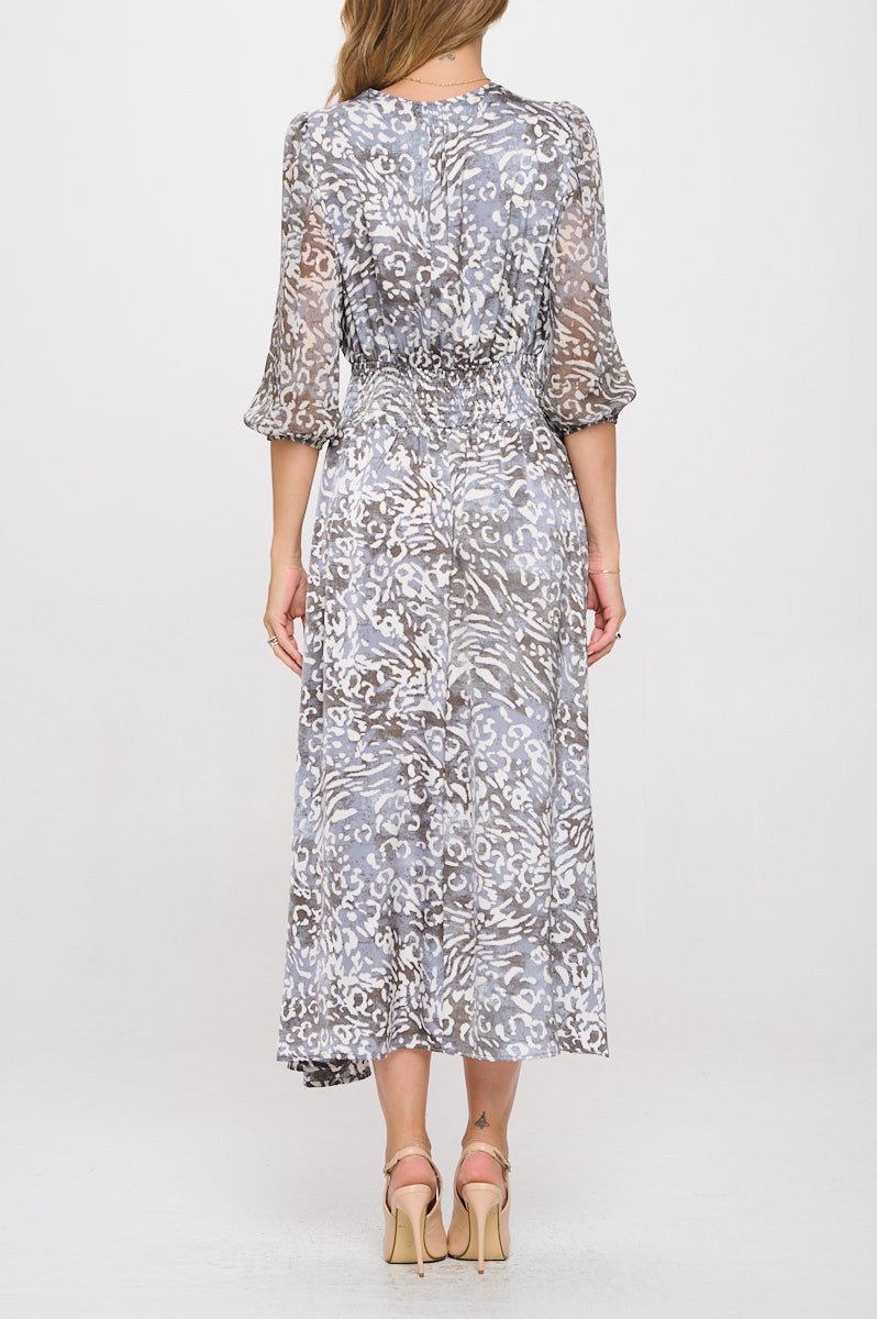 Animal Print V neck Dress with Sheer Sleeve - Shellcreations