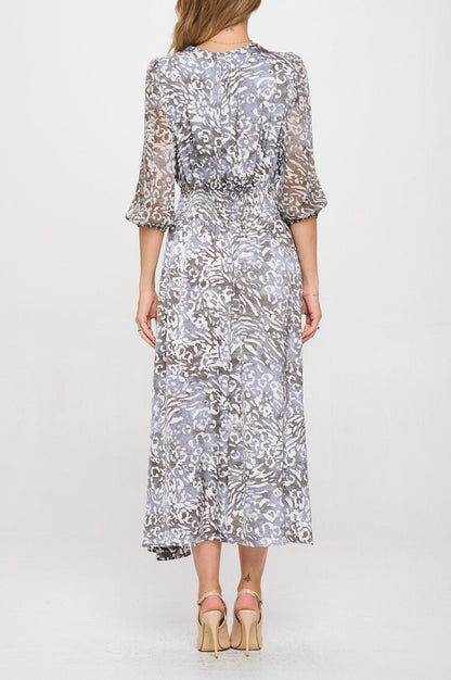 Animal Print V neck Dress with Sheer Sleeve - Shellcreations