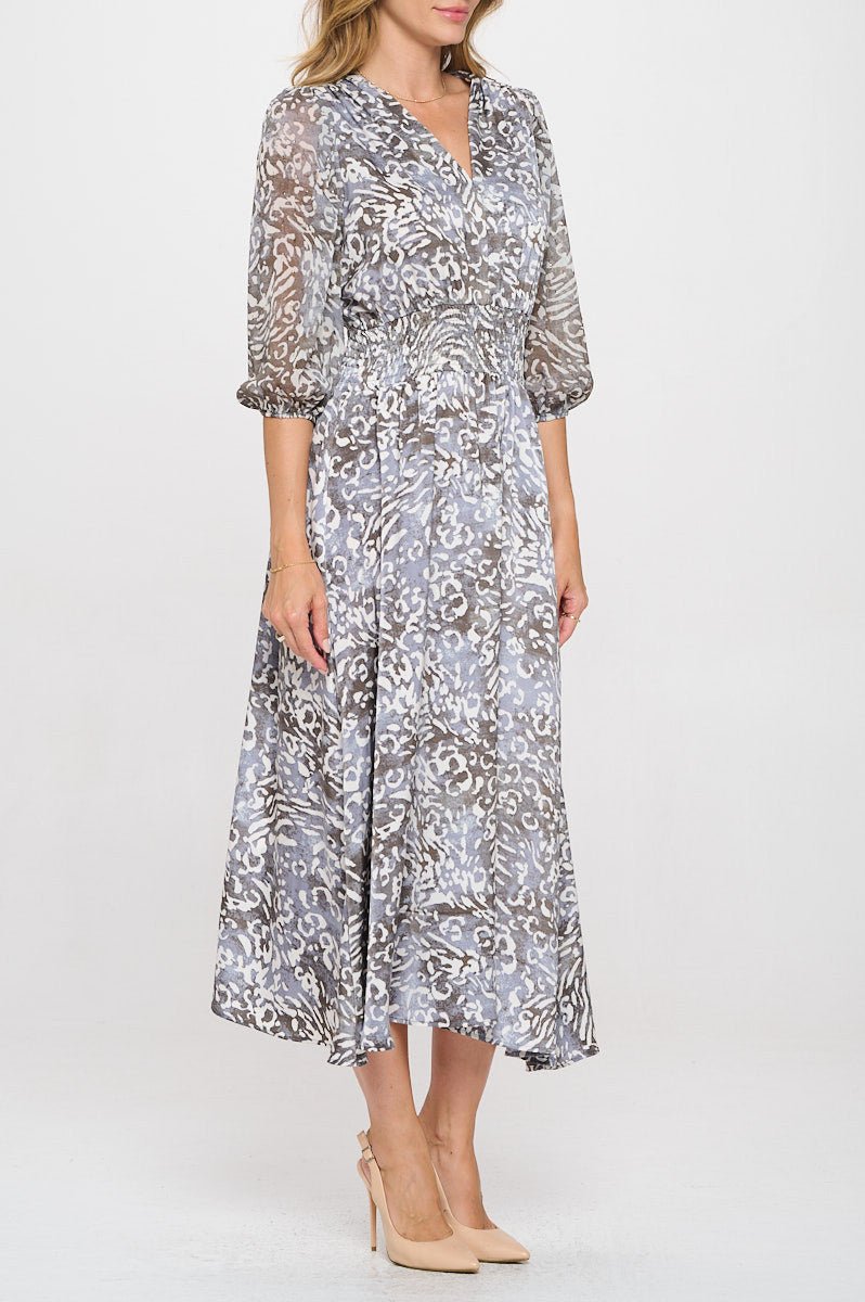 Animal Print V neck Dress with Sheer Sleeve - Shellcreations