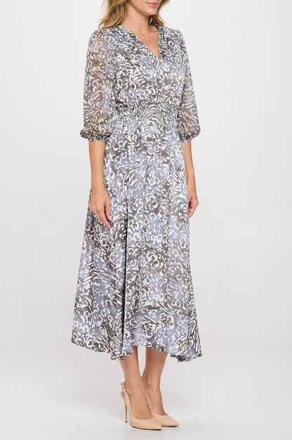 Animal Print V neck Dress with Sheer Sleeve - Shellcreations