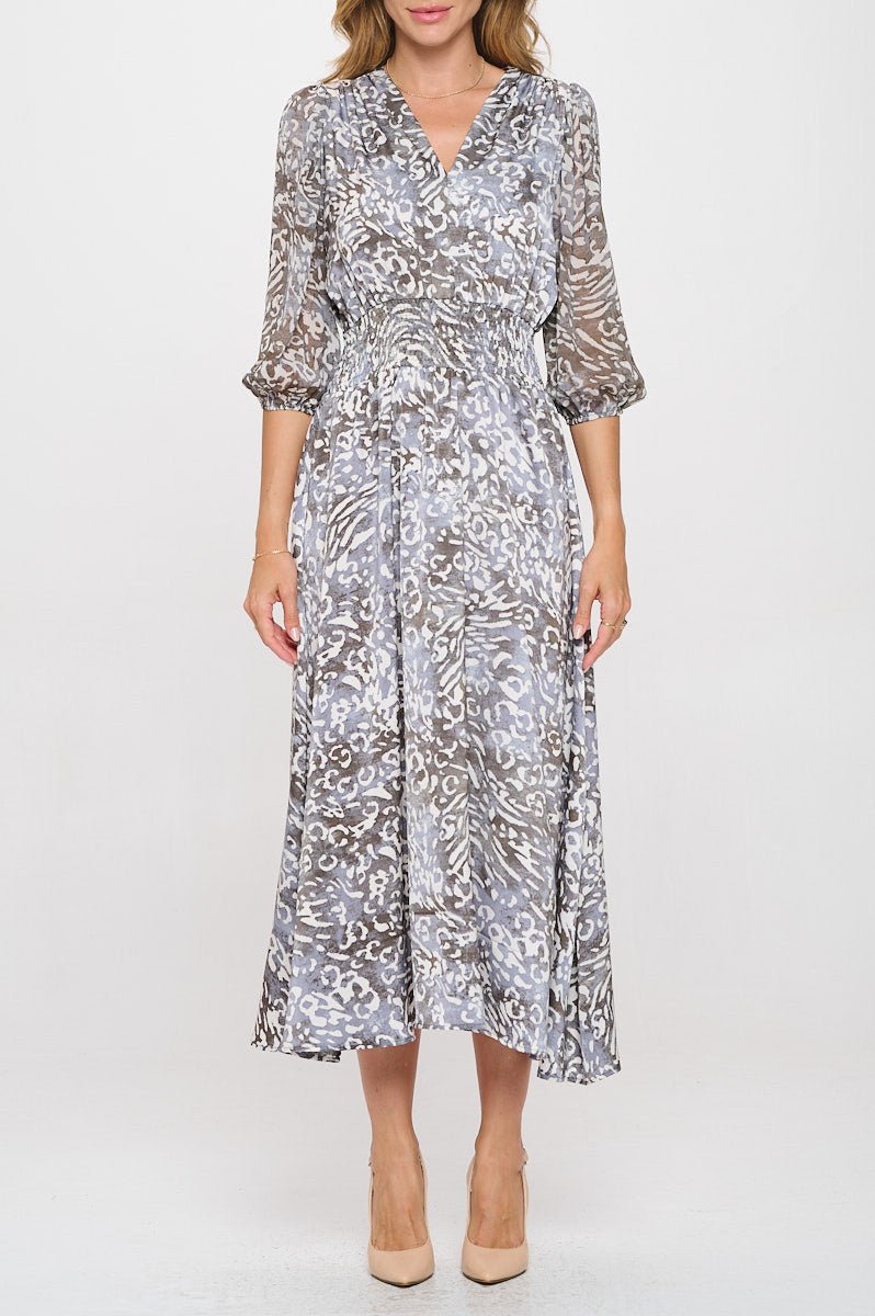 Animal Print V neck Dress with Sheer Sleeve - Shellcreations