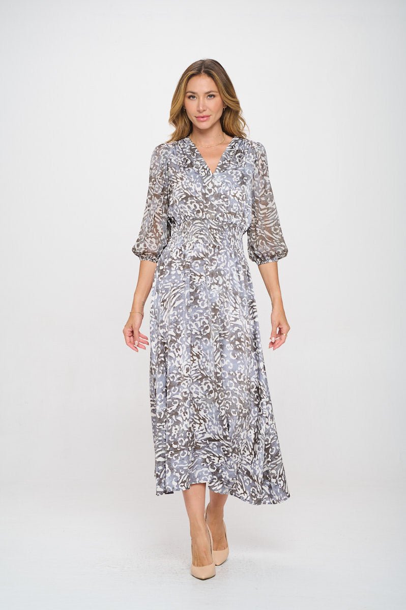 Animal Print V neck Dress with Sheer Sleeve - Shellcreations