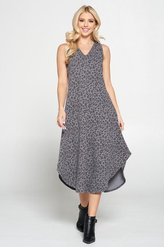 ANIMAL PRINT V NECK MIDI DRESS WITH CURVED HEM - Shellcreations