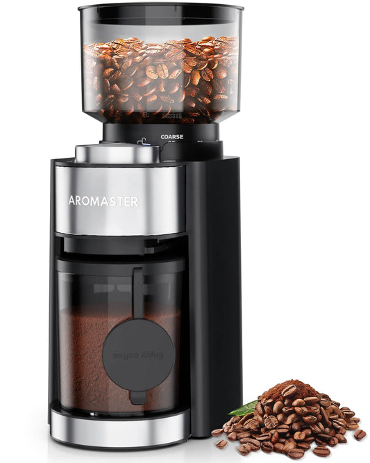Aromaster Burr Coffee Grinder Coffee Bean Grinder with 25 Grind Setting 2 - 12 Cups Timer Conical Coffee Grinders for Home Use 3 - Ears Portafilter Holder Cleaning Brush Black - Shellcreations