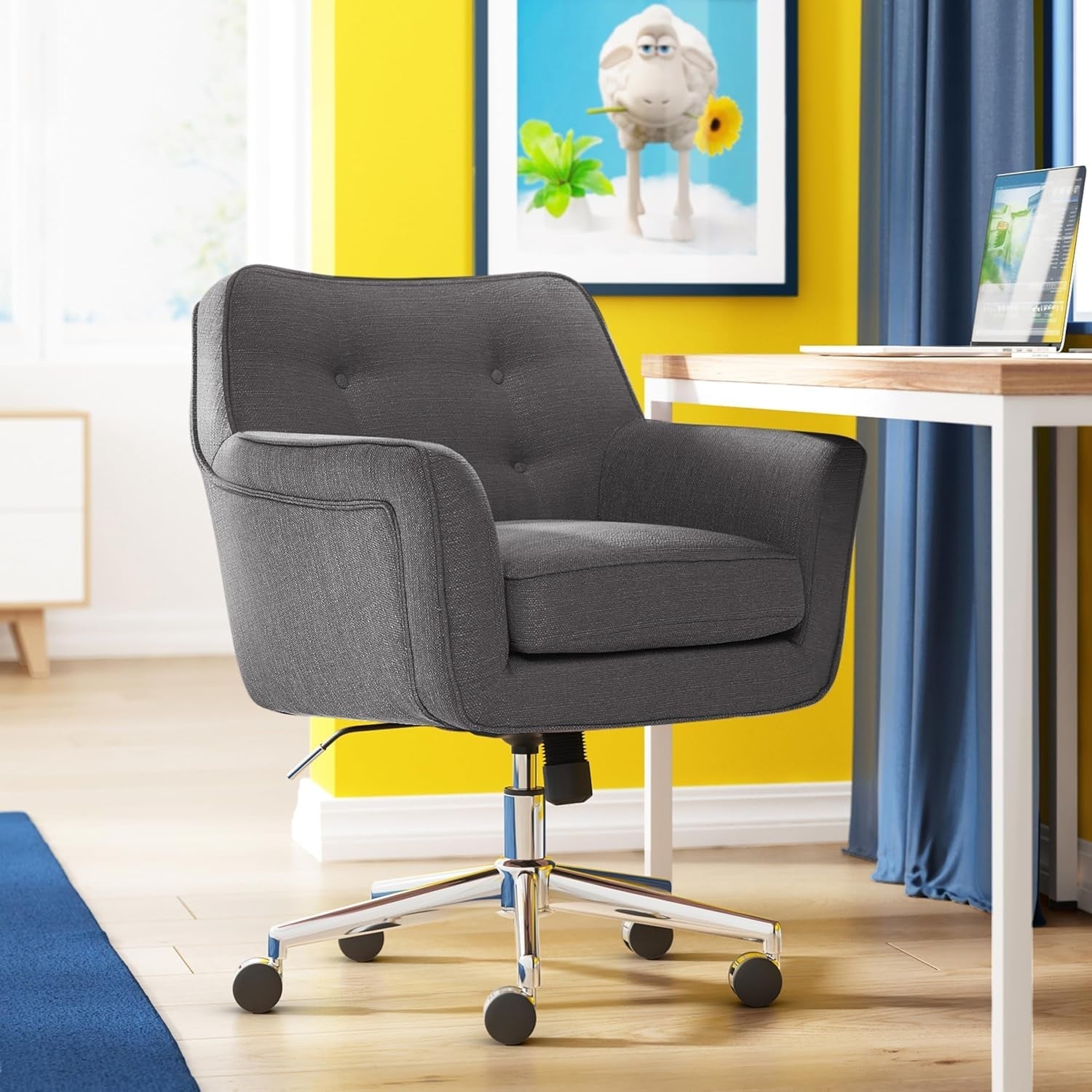 Ashland Home Office Desk Chair with Button Tufted Mid - Back, Memory Foam Cushion and Padded Arms, Mid Century Modern Vanity Armchair with Wheels for Bedroom, Chrome Metal Base, Dark Gray - Shellcreations