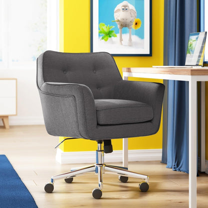 Ashland Home Office Desk Chair with Button Tufted Mid - Back, Memory Foam Cushion and Padded Arms, Mid Century Modern Vanity Armchair with Wheels for Bedroom, Chrome Metal Base, Dark Gray - Shellcreations