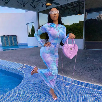 Autumn Digital Print Long Sleeve Bodycon Dress for Women - Shellcreations