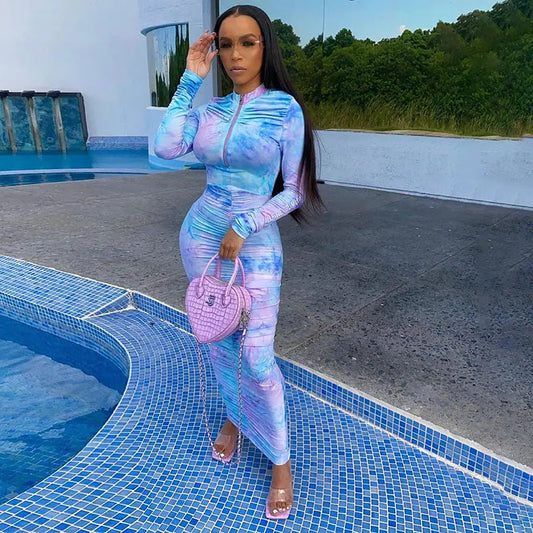 Autumn Digital Print Long Sleeve Bodycon Dress for Women - Shellcreations