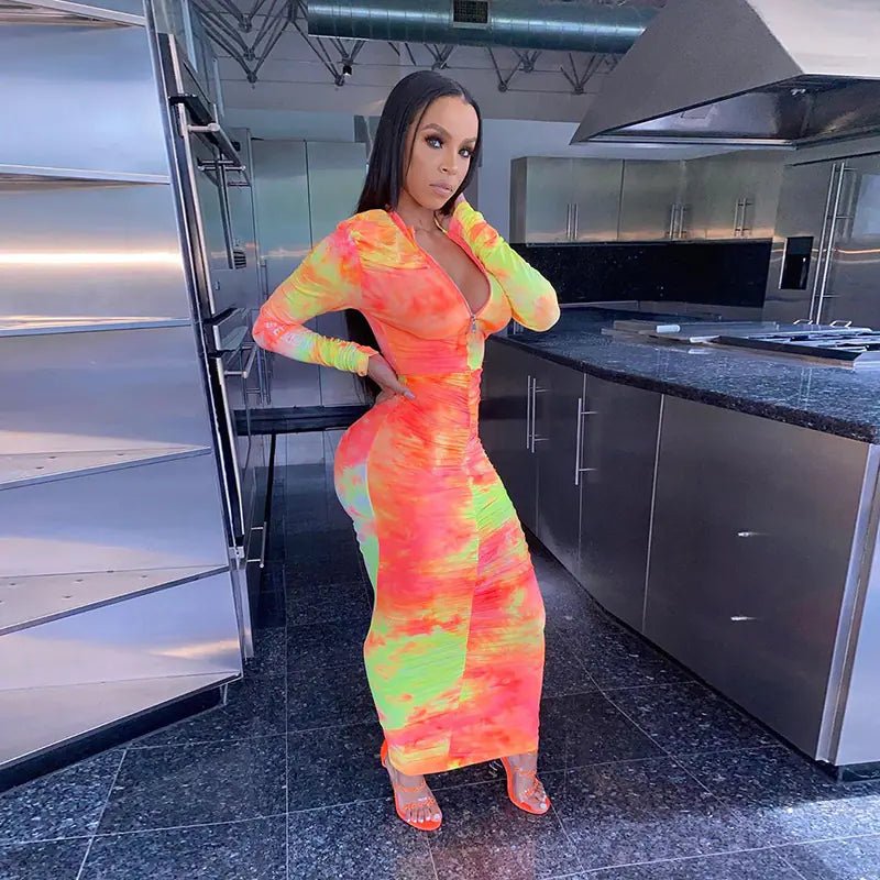 Autumn Digital Print Long Sleeve Bodycon Dress for Women - Shellcreations
