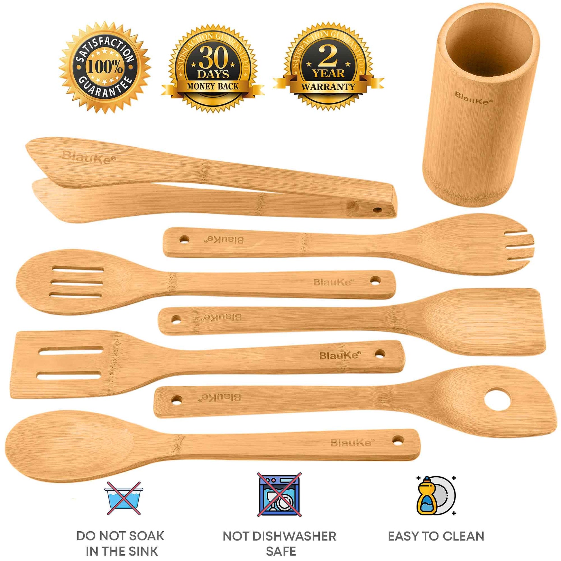 Bamboo Kitchen Utensils Set 8 - Pack - Wooden Cooking Utensils for Nonstick Cookware - Wooden Cooking Spoons, Spatulas, Turner, Tongs, Utensil Holder - Shellcreations