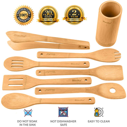Bamboo Kitchen Utensils Set 8 - Pack - Wooden Cooking Utensils for Nonstick Cookware - Wooden Cooking Spoons, Spatulas, Turner, Tongs, Utensil Holder - Shellcreations