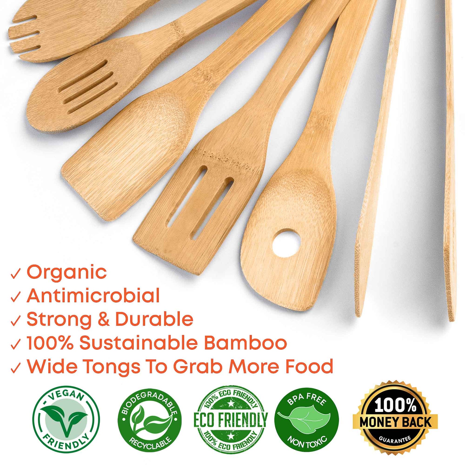 Bamboo Kitchen Utensils Set 8 - Pack - Wooden Cooking Utensils for Nonstick Cookware - Wooden Cooking Spoons, Spatulas, Turner, Tongs, Utensil Holder - Shellcreations