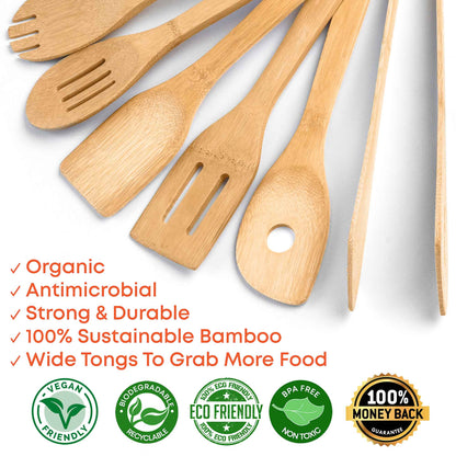 Bamboo Kitchen Utensils Set 8 - Pack - Wooden Cooking Utensils for Nonstick Cookware - Wooden Cooking Spoons, Spatulas, Turner, Tongs, Utensil Holder - Shellcreations
