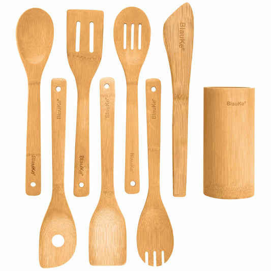 Bamboo Kitchen Utensils Set 8 - Pack - Wooden Cooking Utensils for Nonstick Cookware - Wooden Cooking Spoons, Spatulas, Turner, Tongs, Utensil Holder - Shellcreations