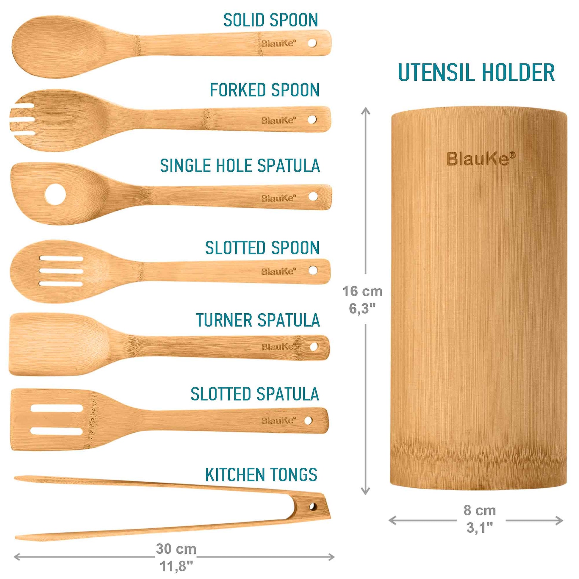 Bamboo Kitchen Utensils Set 8 - Pack - Wooden Cooking Utensils for Nonstick Cookware - Wooden Cooking Spoons, Spatulas, Turner, Tongs, Utensil Holder - Shellcreations