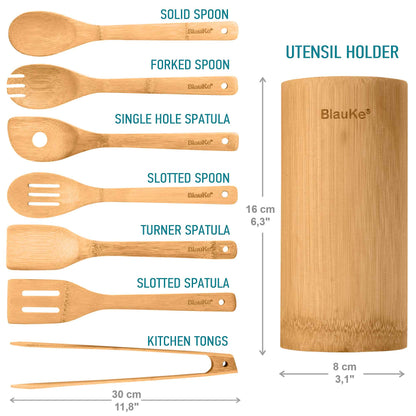 Bamboo Kitchen Utensils Set 8 - Pack - Wooden Cooking Utensils for Nonstick Cookware - Wooden Cooking Spoons, Spatulas, Turner, Tongs, Utensil Holder - Shellcreations