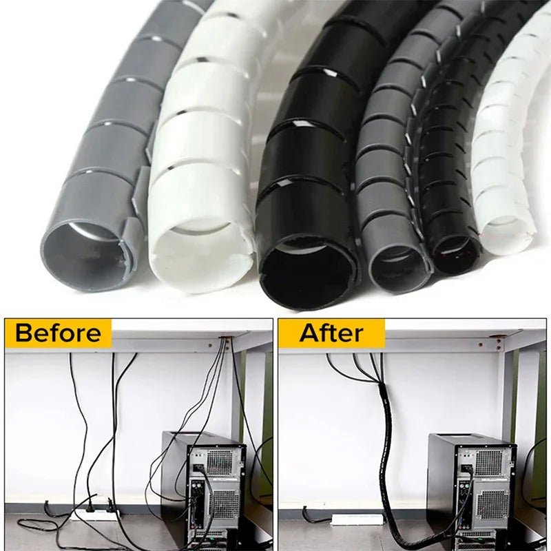 Black Cable Wire Protector Cable Organizer Management Pipe Flexible Wire Wrap Line Coiled Tube Office Cord Sleeve Cover 2M/1.5M - Shellcreations