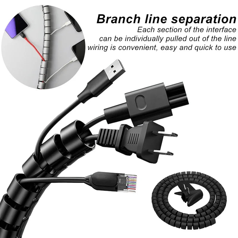 Black Cable Wire Protector Cable Organizer Management Pipe Flexible Wire Wrap Line Coiled Tube Office Cord Sleeve Cover 2M/1.5M - Shellcreations