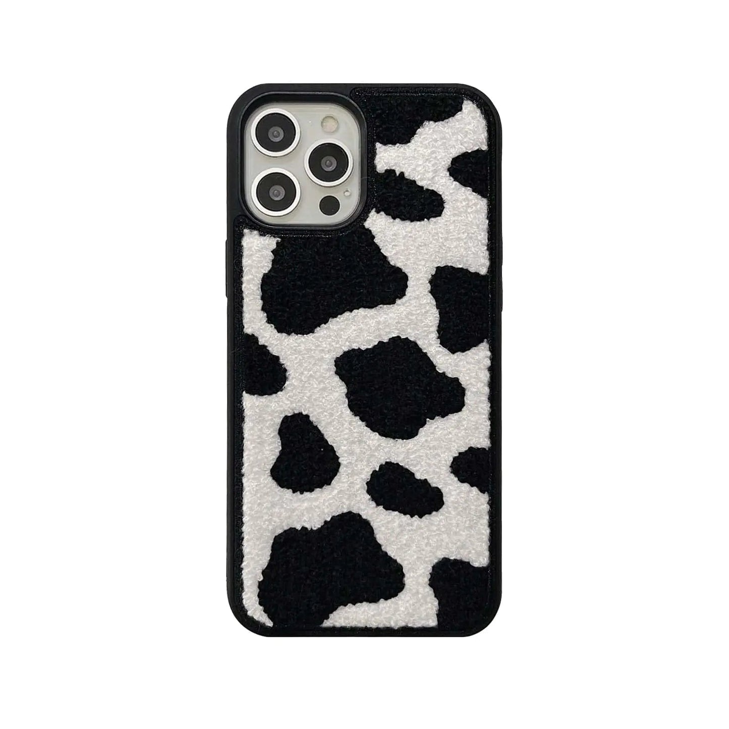 Black & White Dairy Cattle Cow Print Phone Case Compatible with iPhone 15 Pro Max,Cute Embroidery Winter Warm Fur Carpet Case,Soft Fluffy Case for iPhone 15 Pro Max 6.7'' 2023(Cow) - Shellcreations