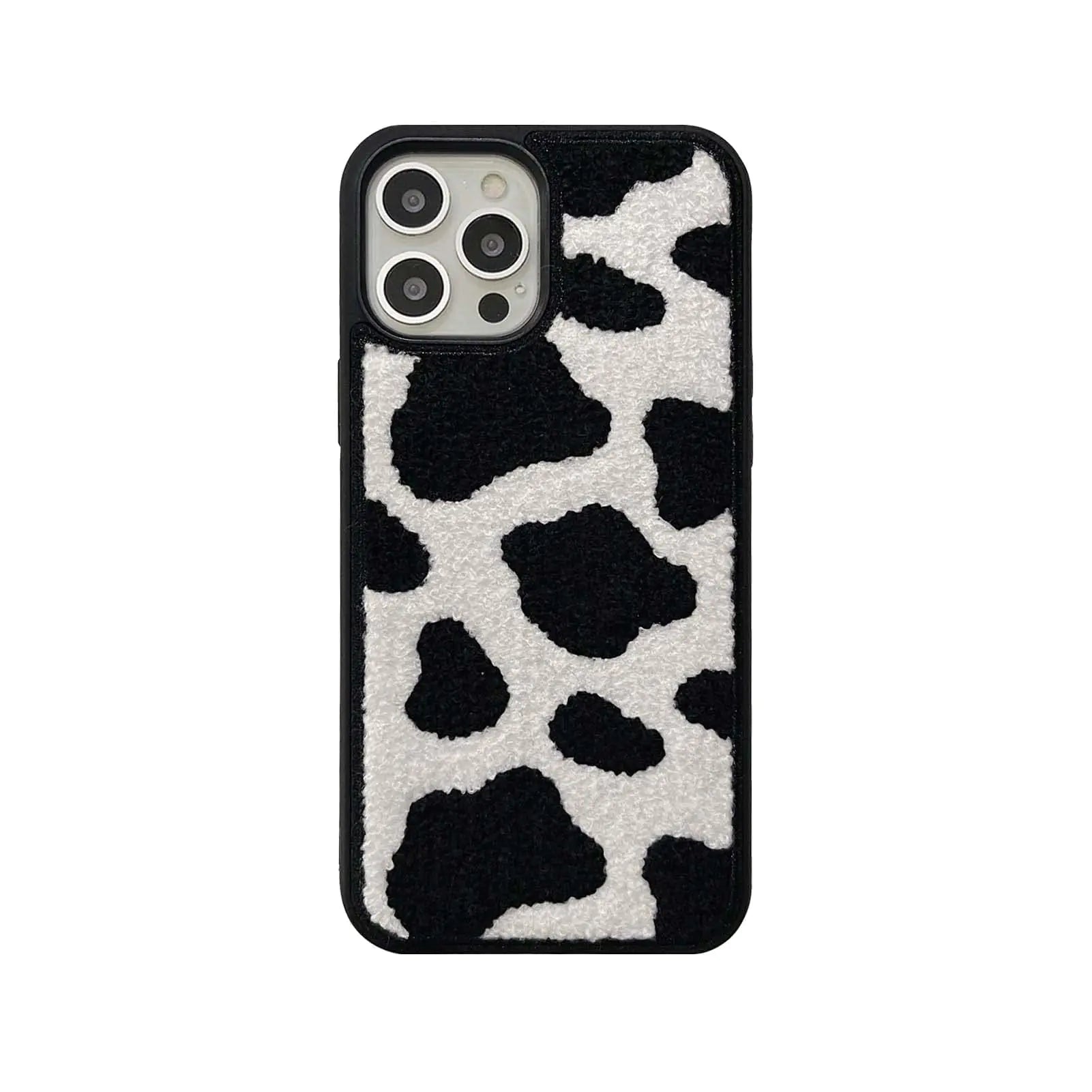 Black & White Dairy Cattle Cow Print Phone Case Compatible with iPhone 15 Pro Max,Cute Embroidery Winter Warm Fur Carpet Case,Soft Fluffy Case for iPhone 15 Pro Max 6.7'' 2023(Cow) - Shellcreations
