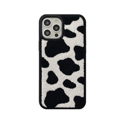 Black & White Dairy Cattle Cow Print Phone Case Compatible with iPhone 15 Pro Max,Cute Embroidery Winter Warm Fur Carpet Case,Soft Fluffy Case for iPhone 15 Pro Max 6.7'' 2023(Cow) - Shellcreations