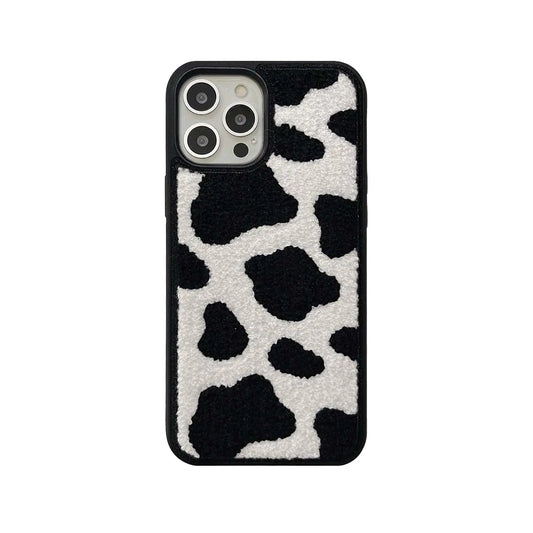Black & White Dairy Cattle Cow Print Phone Case Compatible with iPhone 15 Pro Max,Cute Embroidery Winter Warm Fur Carpet Case,Soft Fluffy Case for iPhone 15 Pro Max 6.7'' 2023(Cow) - Shellcreations