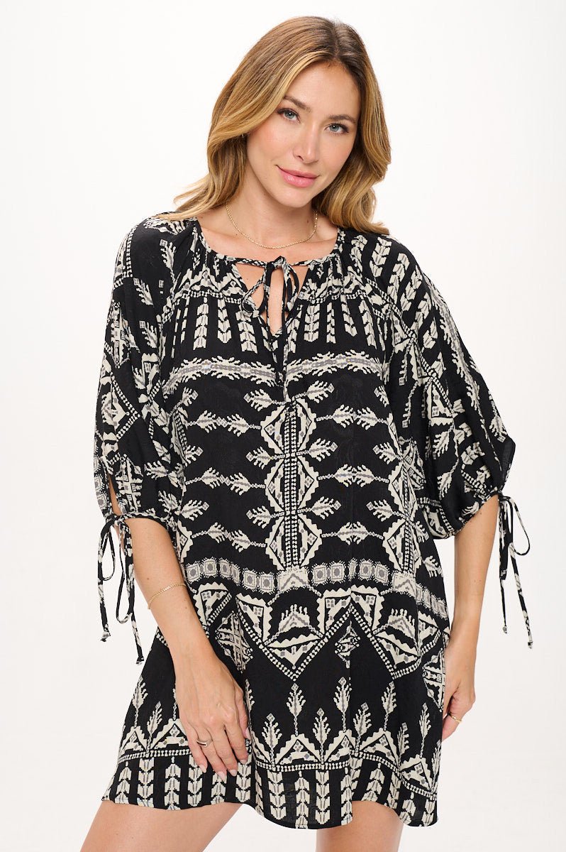 Boho Print V neck Dress with Tie Sleeve - Shellcreations