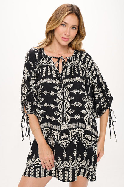 Boho Print V neck Dress with Tie Sleeve - Shellcreations