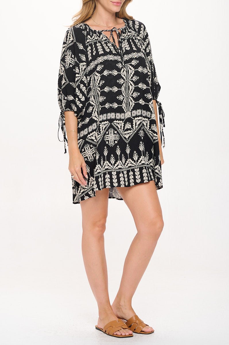 Boho Print V neck Dress with Tie Sleeve - Shellcreations