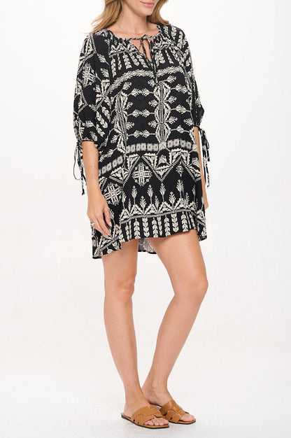 Boho Print V neck Dress with Tie Sleeve - Shellcreations