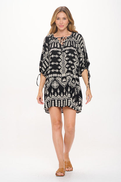 Boho Print V neck Dress with Tie Sleeve - Shellcreations