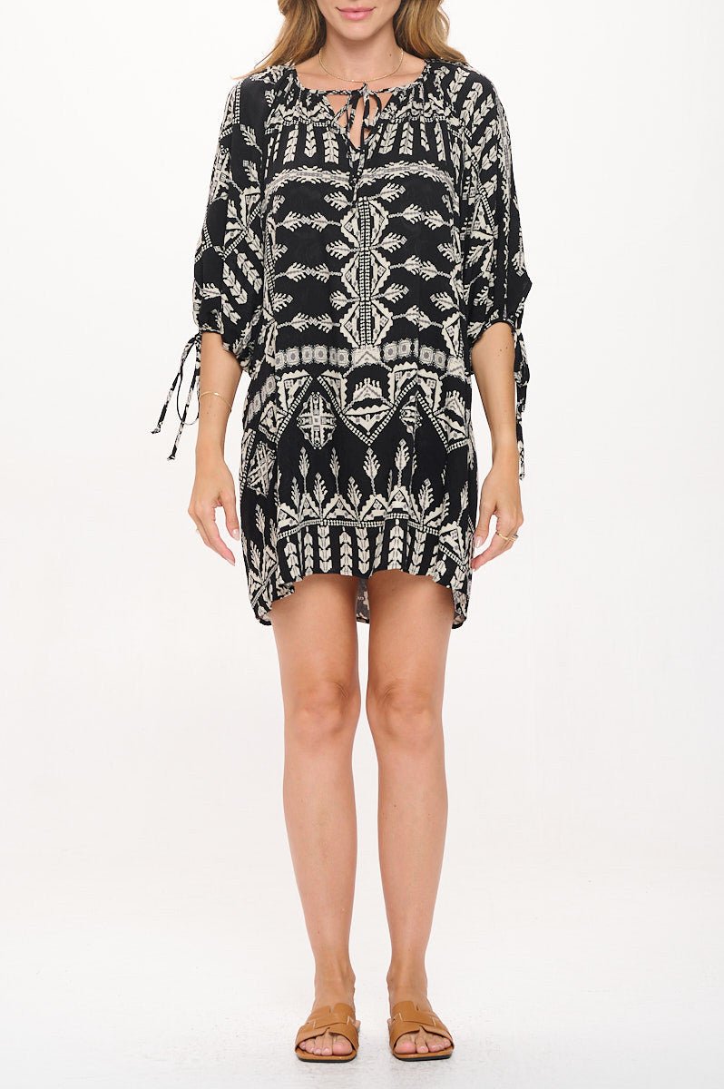 Boho Print V neck Dress with Tie Sleeve - Shellcreations