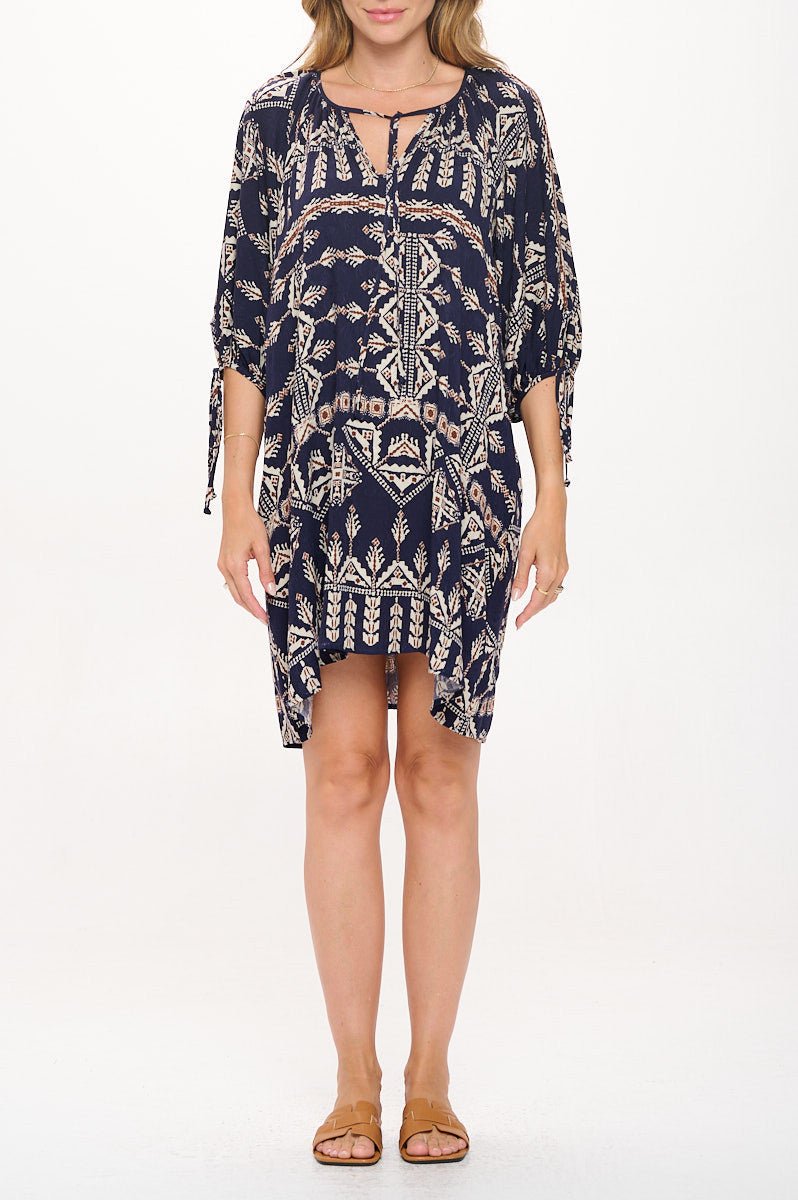 Boho Print V neck Dress with Tie Sleeve - Shellcreations