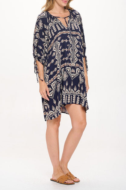 Boho Print V neck Dress with Tie Sleeve - Shellcreations