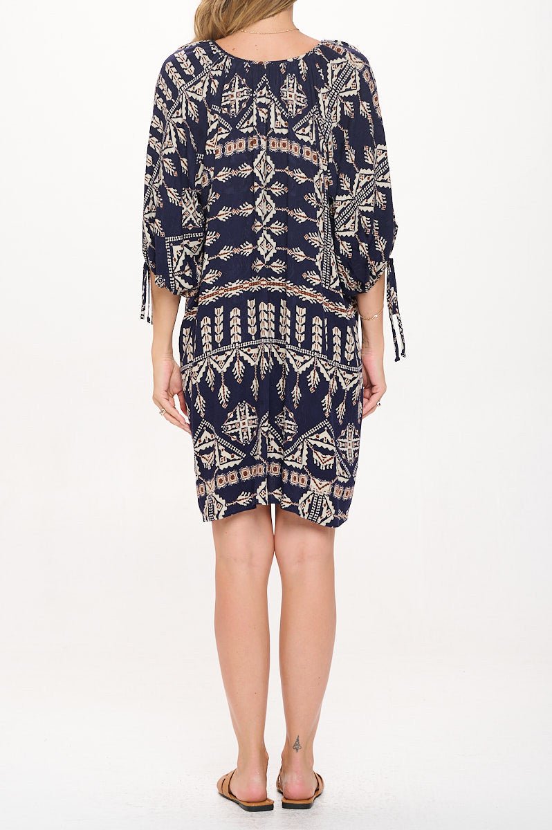 Boho Print V neck Dress with Tie Sleeve - Shellcreations