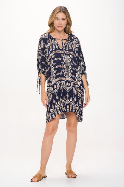 Boho Print V neck Dress with Tie Sleeve - Shellcreations